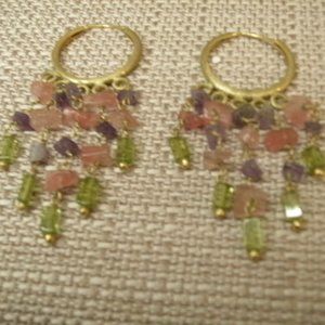 Matte Gold Dipped Large Gold Disk Earrings With Semiprecious Stone Dangles